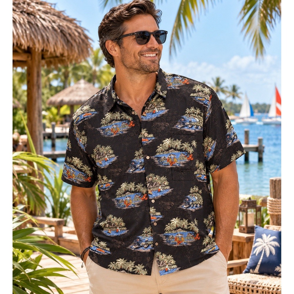 Batik Bay Hawaiian Shirt Mens 3XB Black Tropical Island Rayon Aloha Button Up